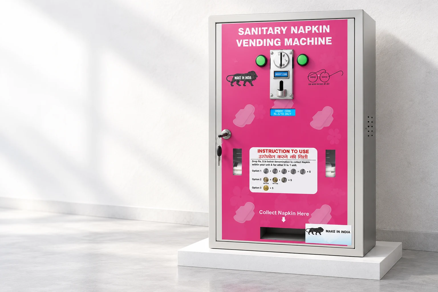 Pink and silver sanitary napkin vending machine on a white plinth