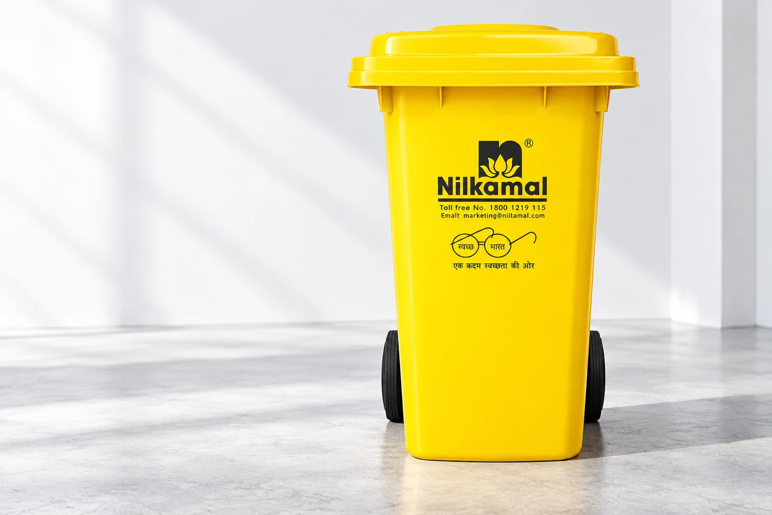 Yellow wheeled dustbin in a bright architectural studio